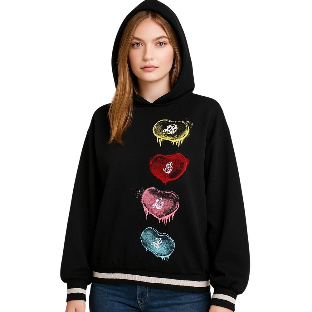 Jelly Belly Kids Black Hoodie with Candy Heart Graphic Print Y2K Kidcore Retro